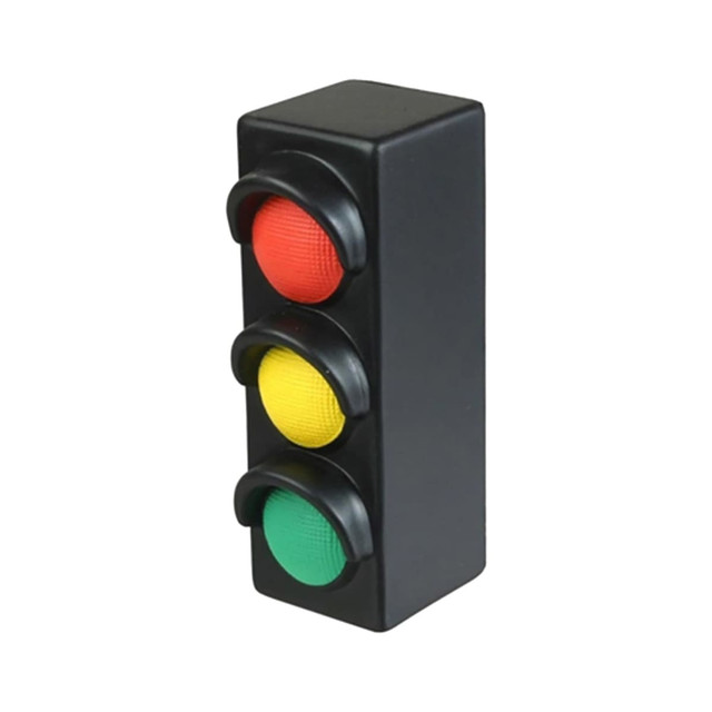 A stress traffic light toy in black with red, yellow, and green buttons for squeezing. Features a logo.