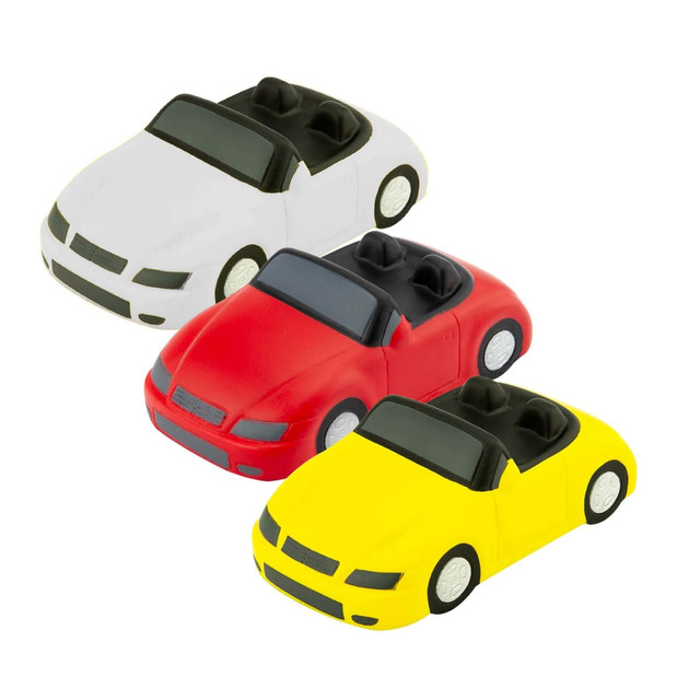 A set of stress relief toys shaped like convertible cars in white, red, and yellow colours, featuring black interiors.