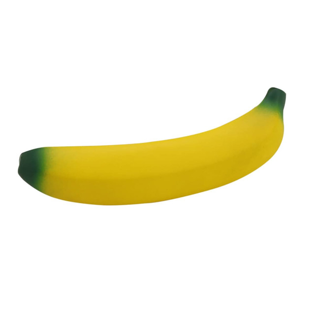 A bright yellow stress banana with a green tip, featuring a smooth, flexible surface and a branding logo.
