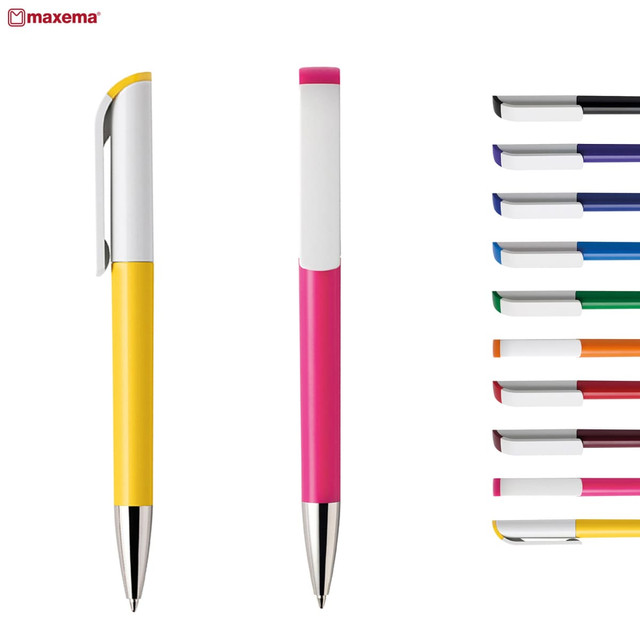 A yellow and a pink plastic pen are displayed, accompanied by a variety of pens in different colours. Each pen has a shiny metal clip.