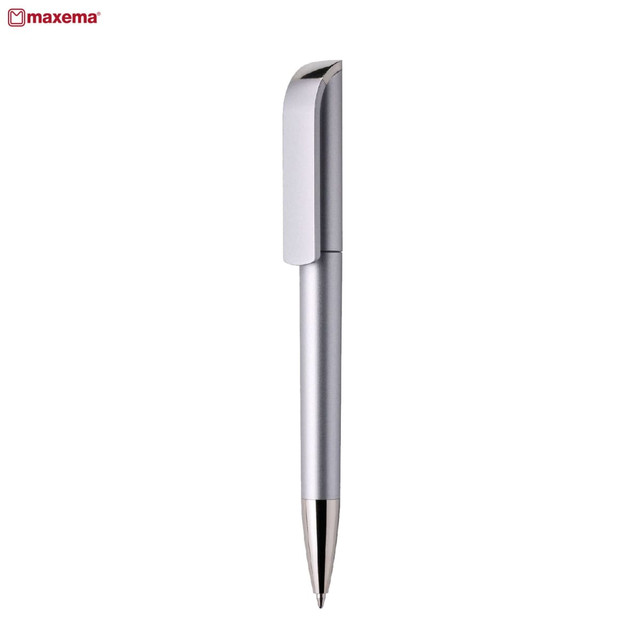 A silver plastic pen with a sleek design and a clip at the top. The pen has a branding logo on it.