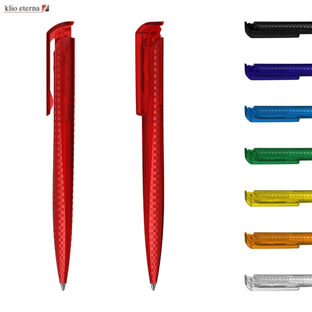 Transparent plastic pens in various colours, including red, blue, green, yellow, and black, with branding visible.