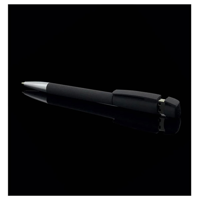 A black USB pen with a soft grip, featuring a silver accent and a logo.
