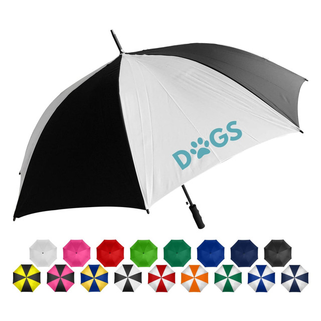 A black and white golf umbrella with a large handle, featuring a logo, alongside assorted coloured umbrellas.