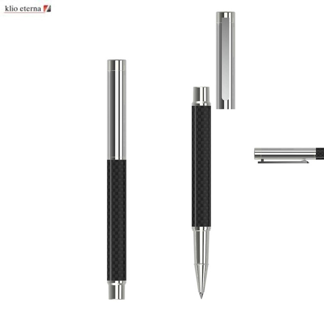 A metal rollerball pen in black with a textured grip and chrome accents, featuring a clip and a logo.
