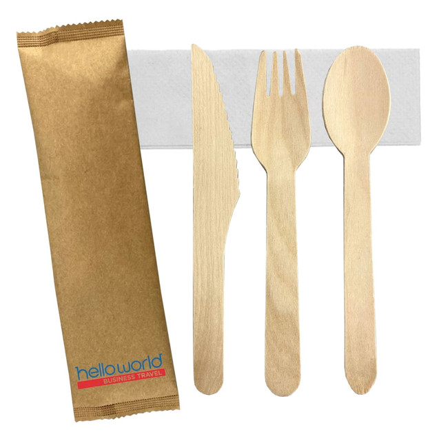A wooden cutlery set with a knife, fork, and spoon in a brown wrapper. Features a logo on the packaging.