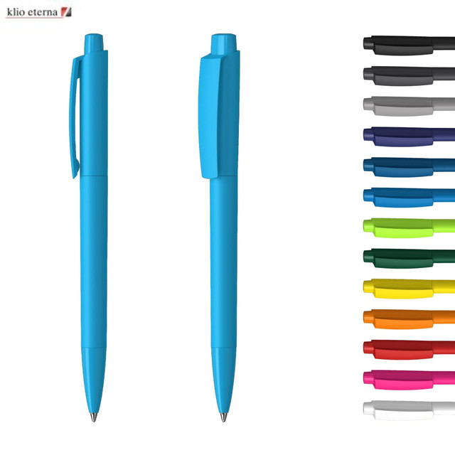 A blue plastic pen featuring a clip, accompanied by a variety of other coloured pens. Includes a logo.