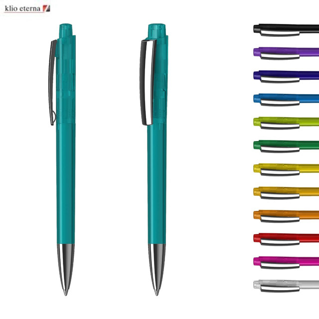 A transparent turquoise plastic pen with a silver clip, alongside a variety of coloured pens. It features a logo.