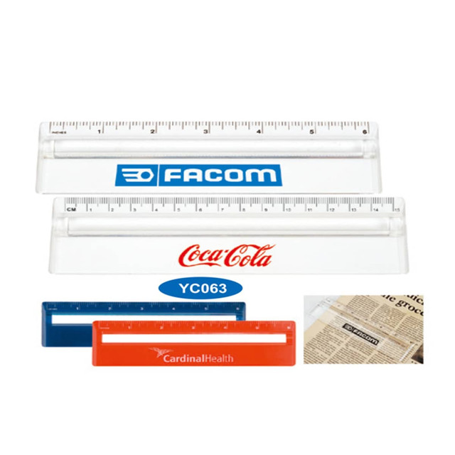 A set of clear plastic rulers in various colours: blue, red, and orange, featuring different logos.