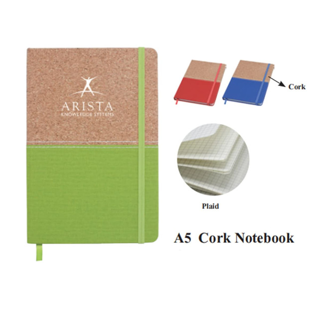 A5 cork notebook with a green bottom and a cork top, featuring a logo and available in additional colours.