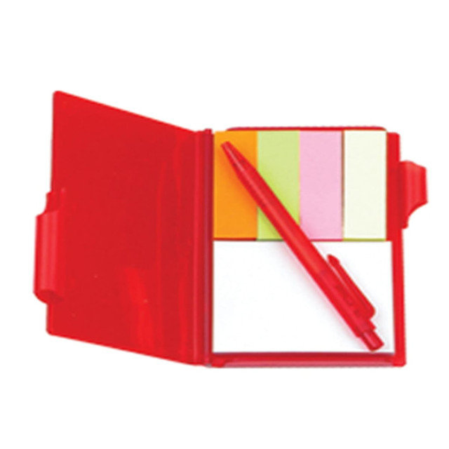 A red memo holder featuring sticky notes in various colours and a matching red pen.