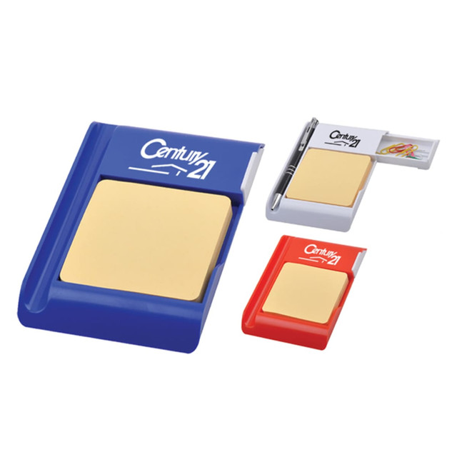 A memo holder with a clip, available in blue, red, and white, featuring a logo and a notepad.