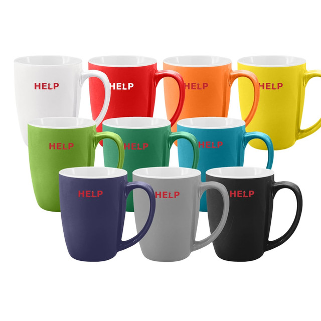 A collection of coffee mugs in various colours including white, orange, green, blue, purple, grey, and black, each with a logo.