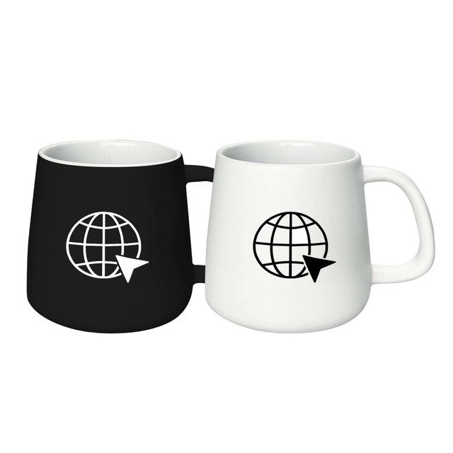 A set of two coffee mugs in black and white featuring a globe design and a visible logo.