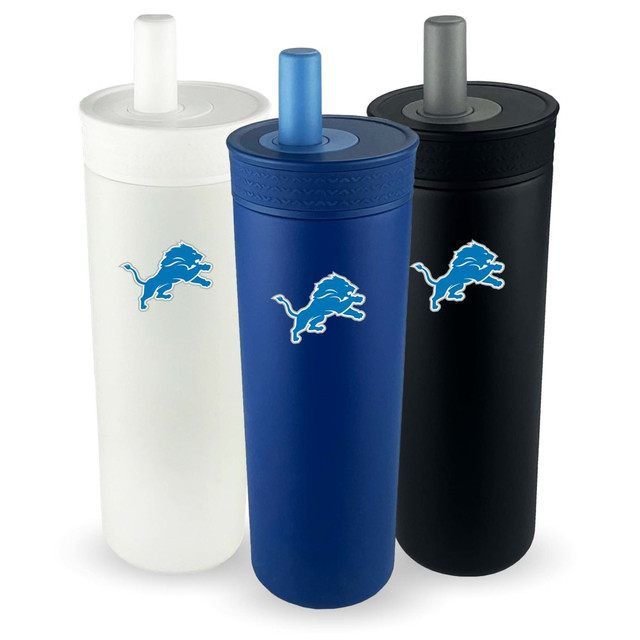 A drink bottle set featuring three vacuum tumblers in white, blue, and black, each with a logo.