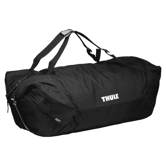 A black duffle bag with a mid blue accent and a logo. It features dual handles and a zippered closure.