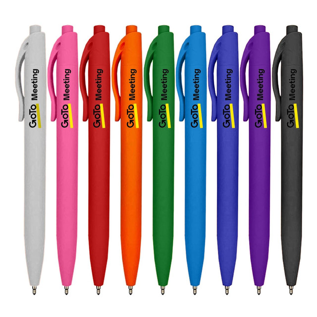 A collection of plastic pens in white, pink, red, orange, blue, purple, and black, each with a branding logo.