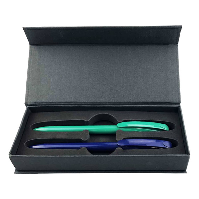 A gift box containing two plastic pens, one green and one dark blue, with a simple black exterior.