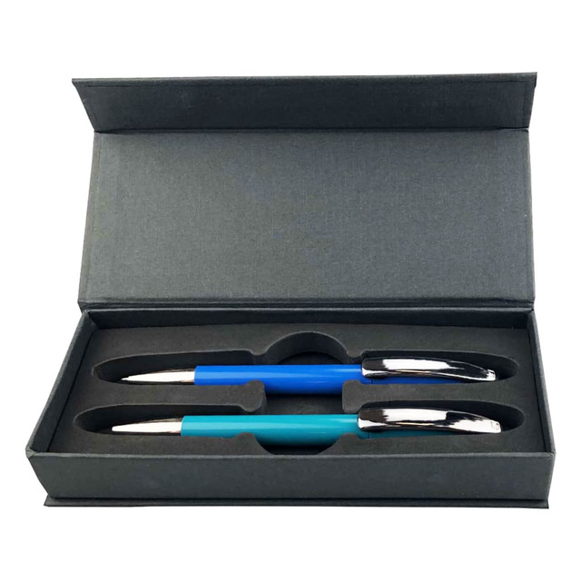 A box containing two plastic pens, one blue and one turquoise, with a glossy finish and silver details.