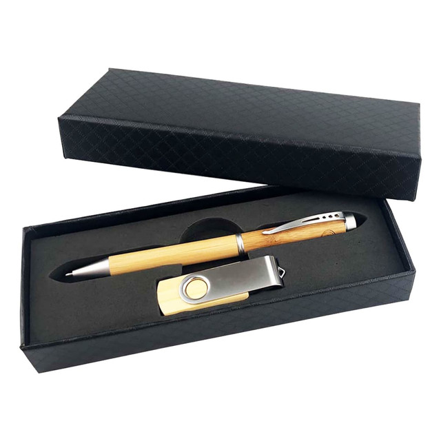 A black gift box containing a wooden pen and a silver USB drive, both neatly arranged inside.