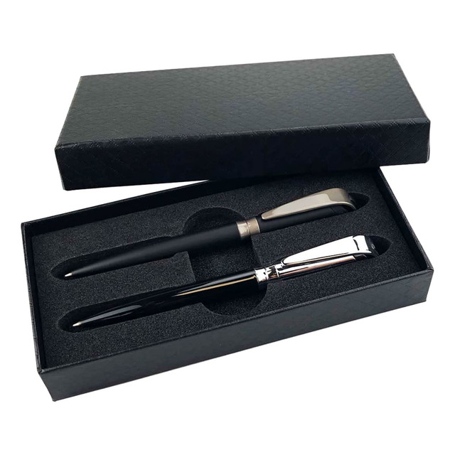 A black metal pen gift set featuring two pens, presented in a sleek black box with a textured finish.