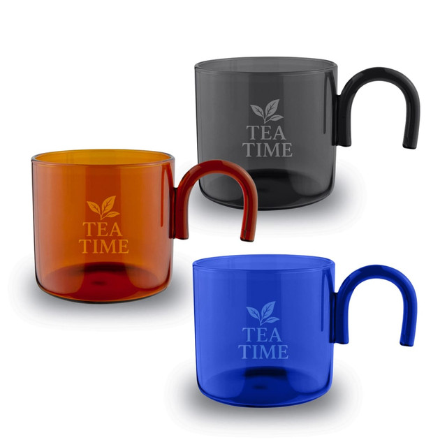 Three transparent cups in orange, black, and blue with handles and a logo.
