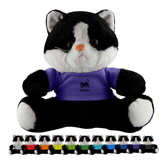 A black and white cat plush toy wearing a purple shirt, surrounded by smaller plush cats in various colours.