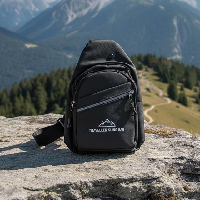 A black sling bag resting on a rock, set against a mountainous landscape with trees and a pathway in the background.