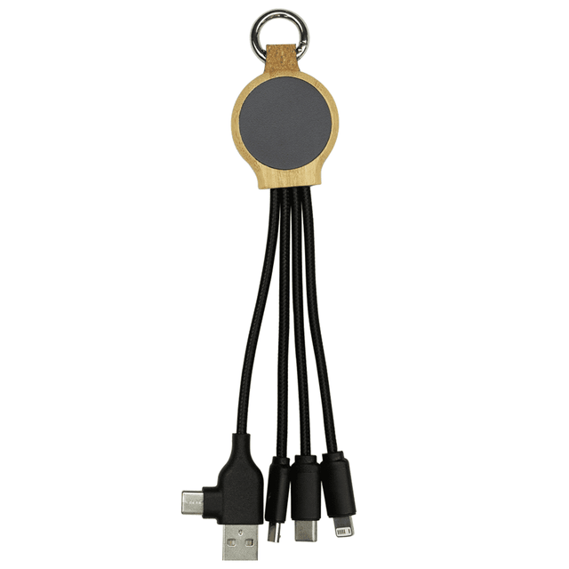 A 16.5cm recycled charging cable featuring multiple connectors in black, with a wooden circular attachment at the top.