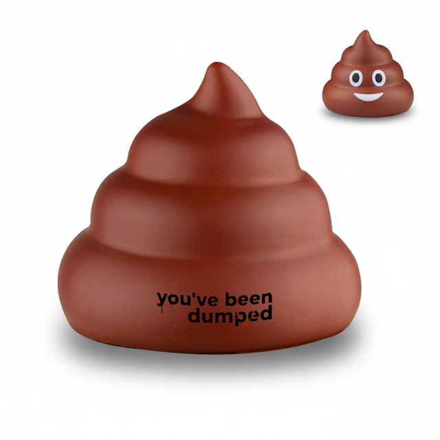 A brown stress-relief toy shaped like a pile of poop, featuring a smiling face and a humorous message.