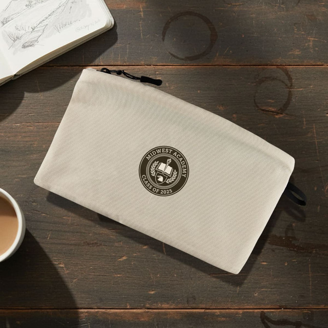 A large cream cosmetic bag with a circular logo, placed on a wooden surface next to a notebook and a cup.
