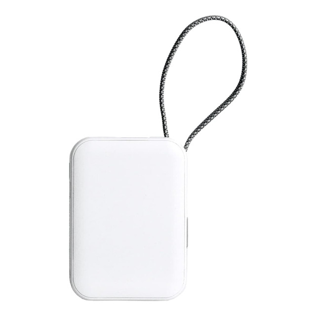 A white power bank with a textured cord, featuring a sleek design and a branding logo.