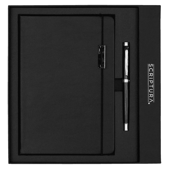 A black notebook with a pen, presented in a sleek black gift box, featuring a logo on the packaging.