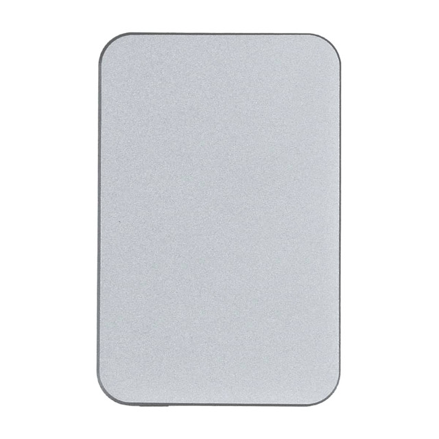 A rectangular silver power bank with rounded edges, featuring a simple design and a logo.