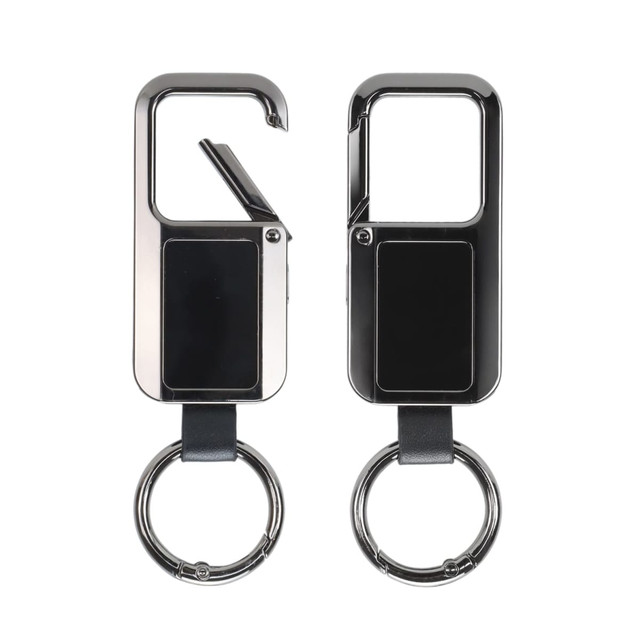 A sleek, silver Smart Tag Bluetooth Tracker with a keyring and a carabiner-style clip, featuring a smooth surface.
