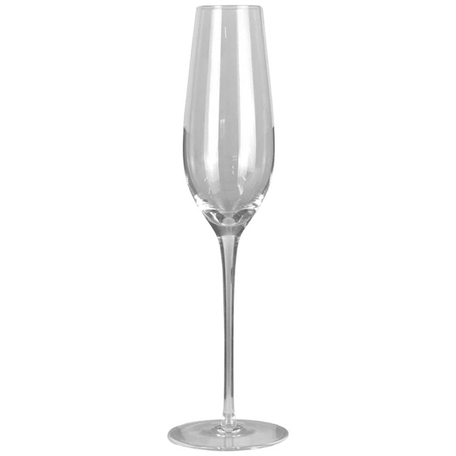 A clear glass champagne flute with a tall, slender body and a wide base. It has a smooth, elegant design.