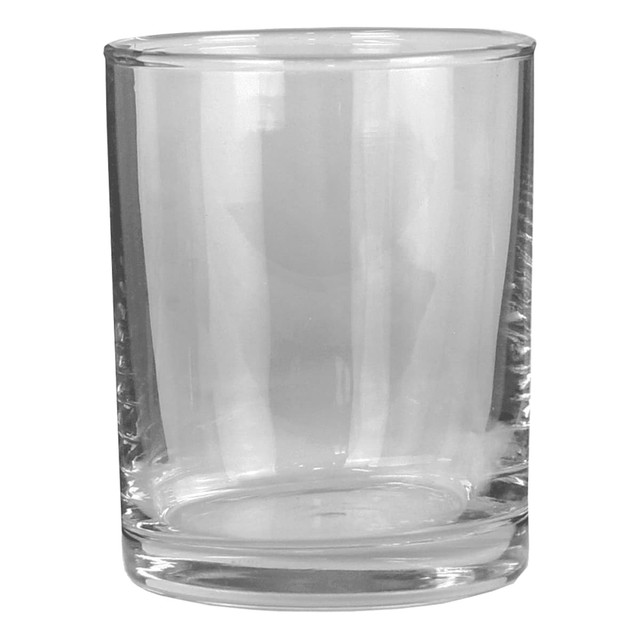 A clear glass rocks glass with a smooth design and a thick base, featuring a subtle logo.