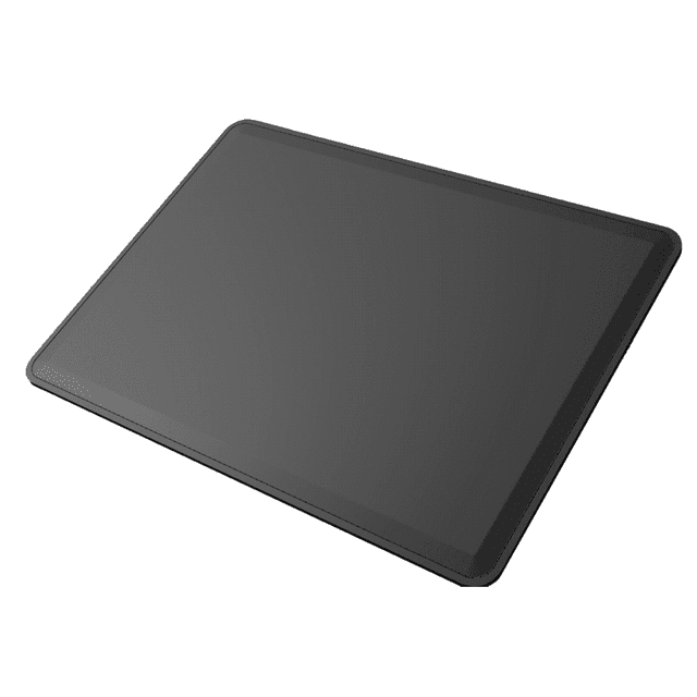 A wireless charging mouse pad in black, featuring a sleek, flat design with rounded edges and a logo.