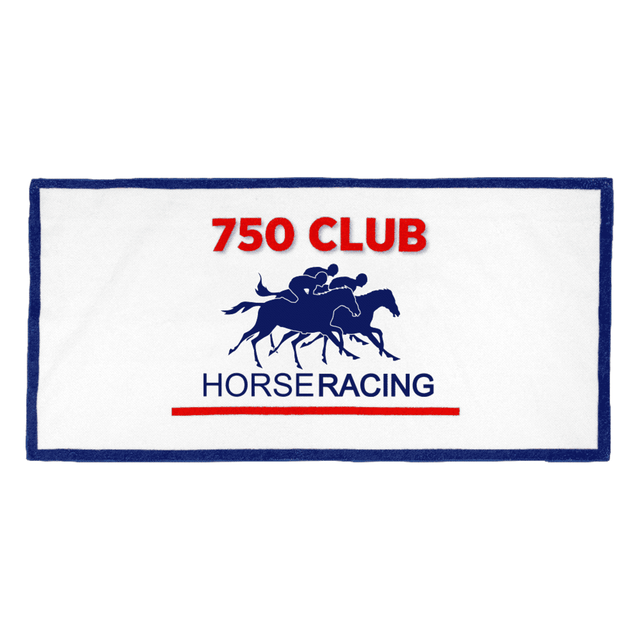 A white sports towel with blue trim featuring a racing horse graphic and a logo.