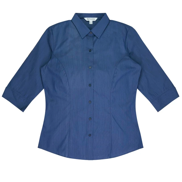 A navy blue button-up shirt with 3/4 sleeves and a fitted design, featuring a logo.