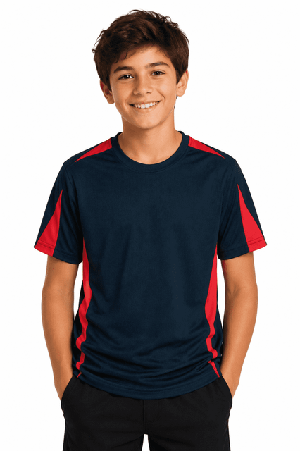 A navy blue and red T-shirt featuring short sleeves, with a sporty design and a logo on the front.