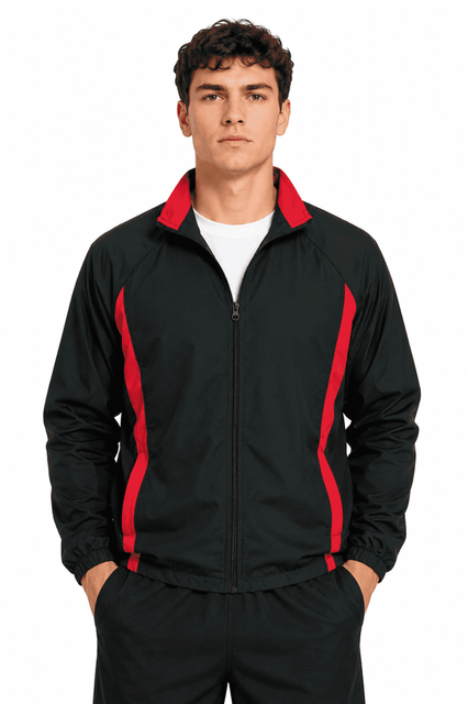 A black track jacket with red stripes, featuring a zip front and a logo on the chest.