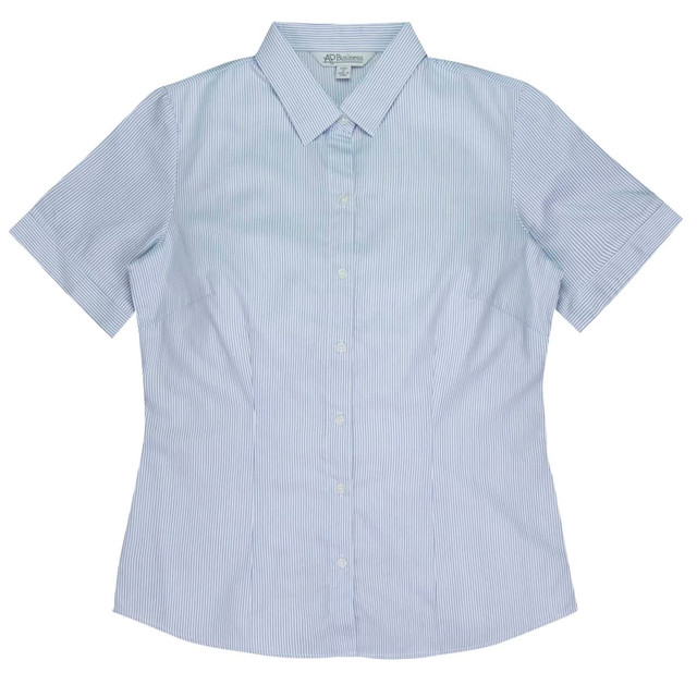 A short-sleeve, striped shirt in light blue and white with a collar, featuring a logo on the upper label.