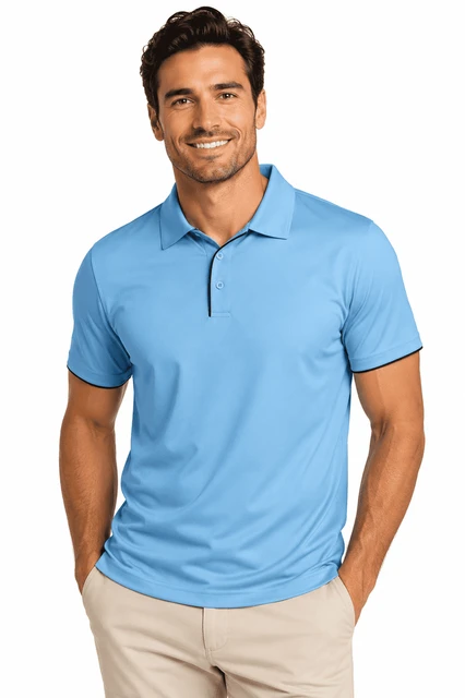 A light blue men's polo shirt featuring a collar and short sleeves, with a logo on the chest.