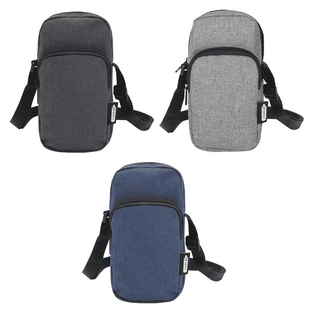 A collection of three phone pouches in grey, charcoal, and navy, featuring adjustable straps and zippers.
