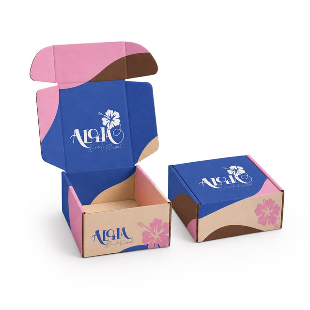 A blue, pink, and brown custom box with a locking lid, featuring floral designs and a logo.
