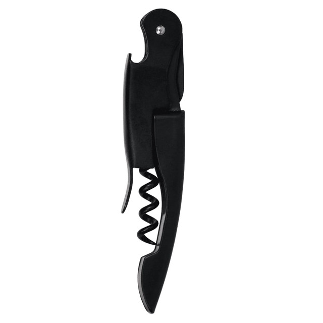 A black wine waiters knife featuring a corkscrew and a lever for removing bottle corks. It has a simple design and logo.