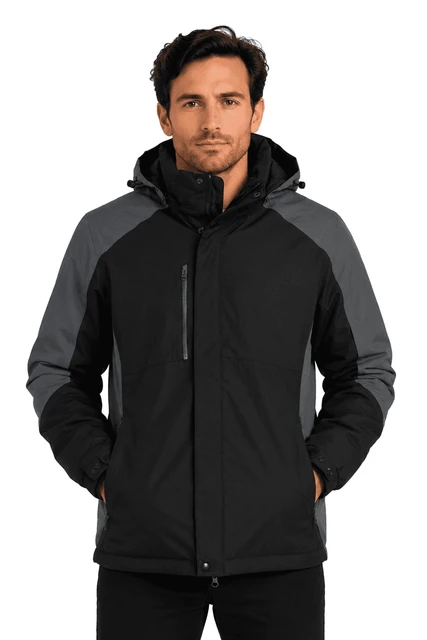 A black and grey men's jacket with a hood and zippered pockets, featuring a branding logo.
