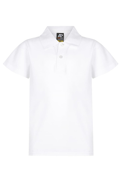 A white polo shirt for kids featuring a three-button placket and a collar. Includes a logo on the label.