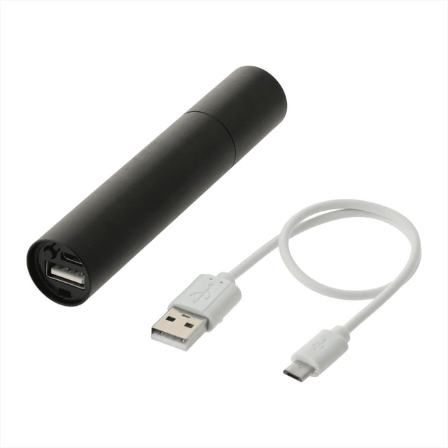 A rechargeable black flashlight with a USB output and a white USB-C charging cable.